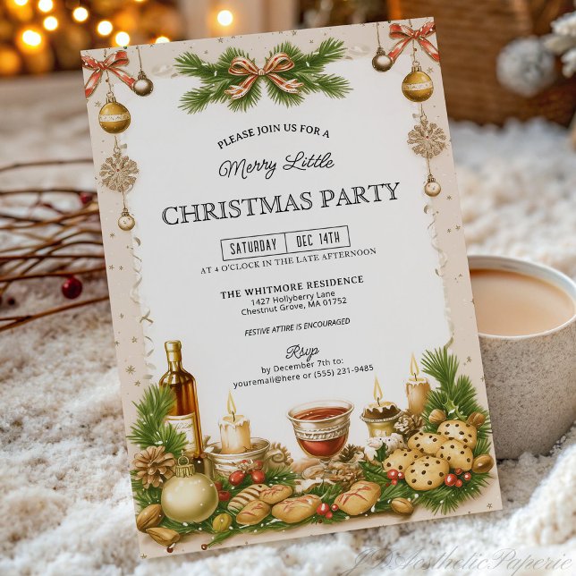 Convites Beige and Pine Greenery Ribbon Christmas Party (Criador carregado)