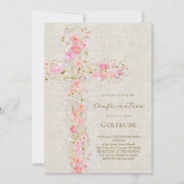 Convites beige background pink flowers cross Confirmation