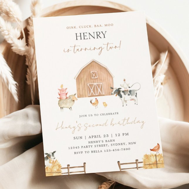 Convites Beige Barn 2nd Birthday Farm Animals Party (Criador carregado)