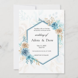 Convites Beige blue Elegant Floral Wedding