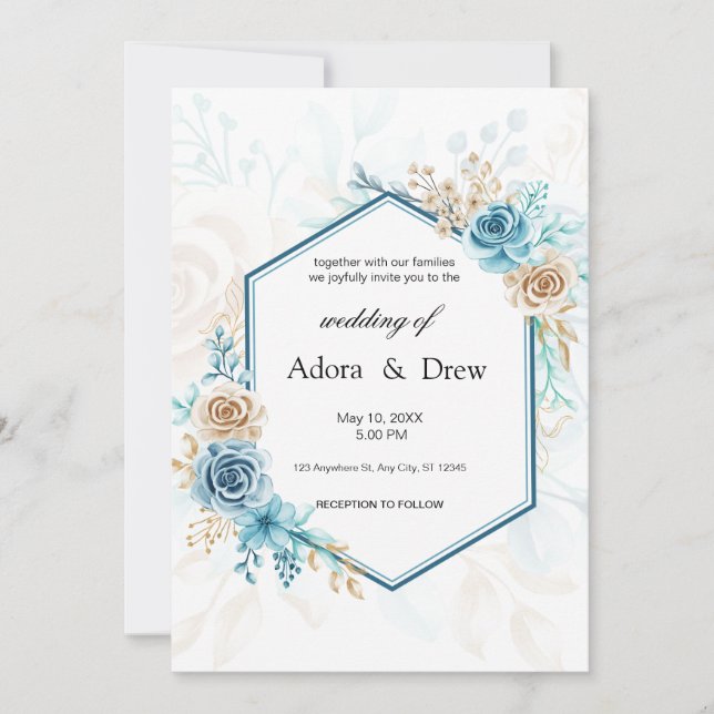Convites Beige blue Elegant Floral Wedding (Frente)