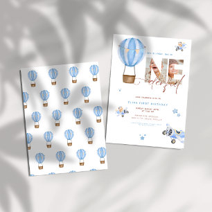 Convites Beige Blue Hot Air Ballon primeiro aniversario Mar
