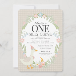 Convites Beige Bobo Goose Floral Gingham Primeiro Aniversár
