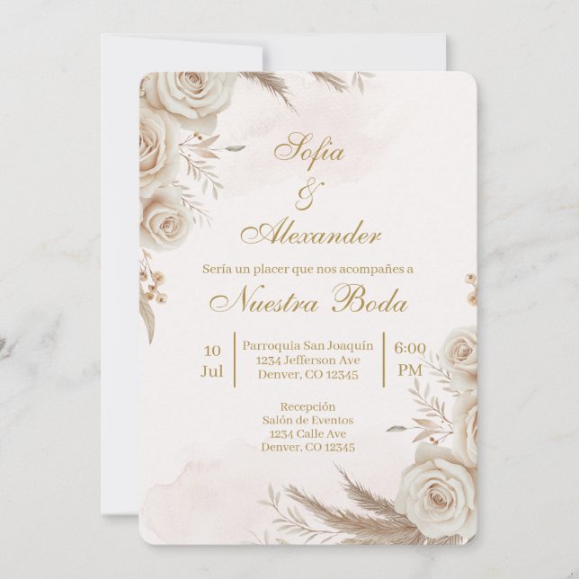 Convites Beige Boho floral Spanish Wedding Invitation (Frente)