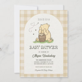 Convites Beige Brown Checked Teddy Bear Baby Shower