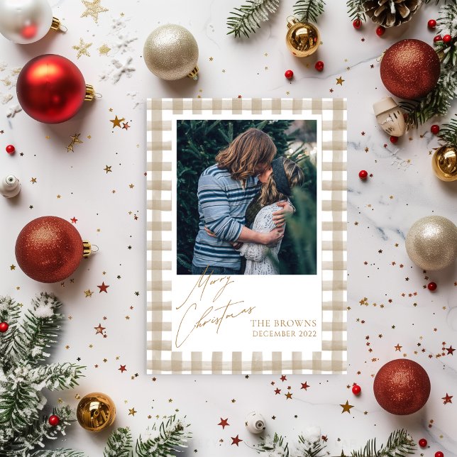 Convites Beige Buffalo Plaid with Photo Christmas Card (Criador carregado)