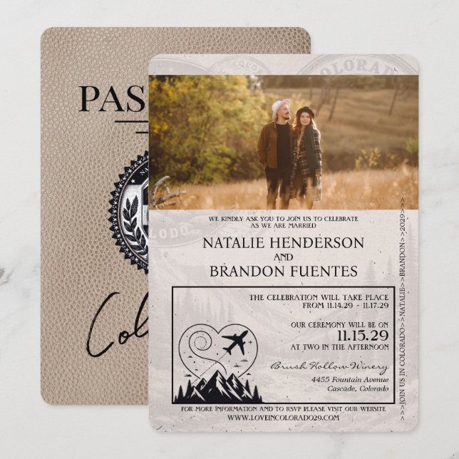 Convites Beige Colorado Passport Wedding (Frente/Verso)