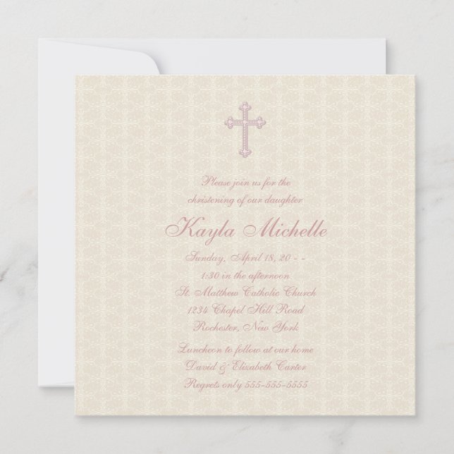 Convites Beige Damask Pink Baby Christening (Frente)