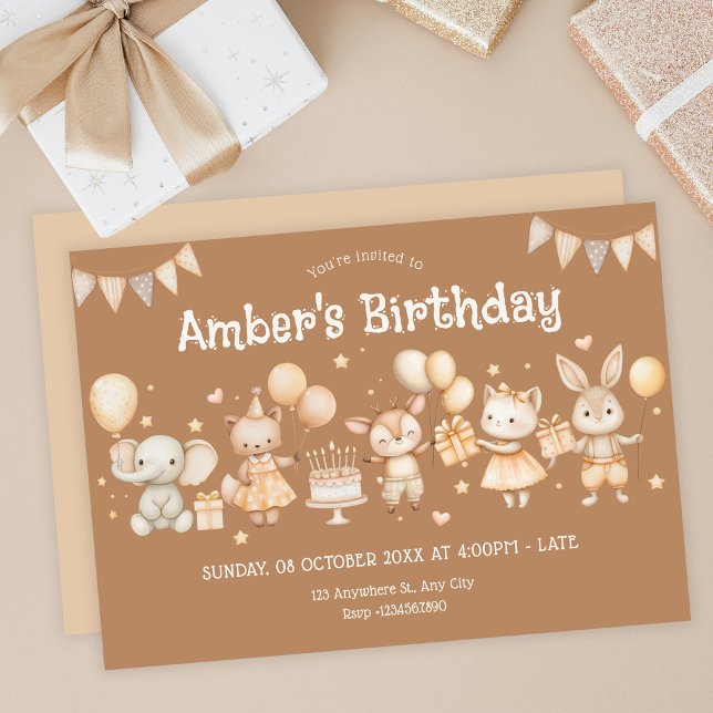 Convites Beige, festa de aniversário de animais fofos e div (Criador carregado)