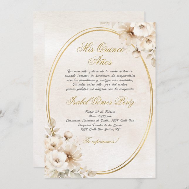 Convites Beige Flor branca Quinceanera espanhola (Frente/Verso)