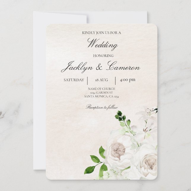 Convites Beige Floral de Casamento Branco e Verde (Frente)