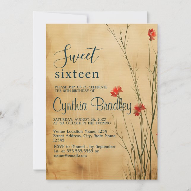Convites Beige Floral Doce Dezesseis Festas de aniversário (Frente)