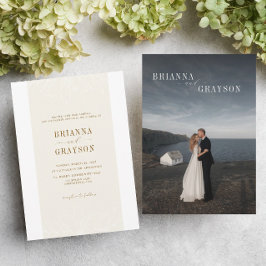 Convites Beige Floral Elegant Minimalist Photo Back Wedding