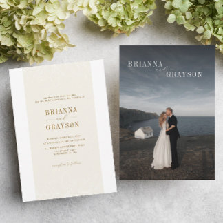Convites Beige Floral Elegant Minimalist Photo Back Wedding