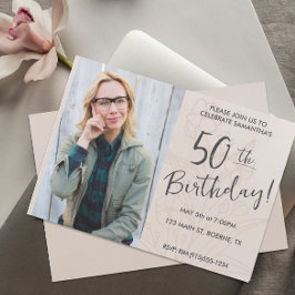 Convites Beige Floral Foto 50th Birthday