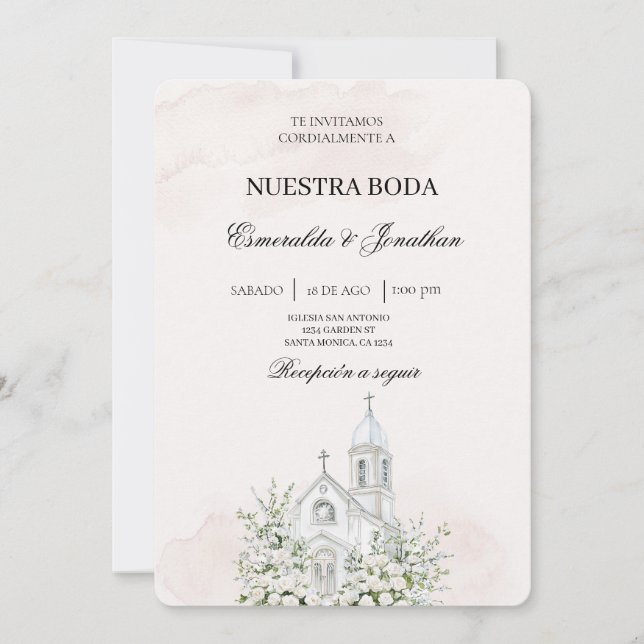 Convites Beige Floral Spanish church Wedding Invitation (Frente)