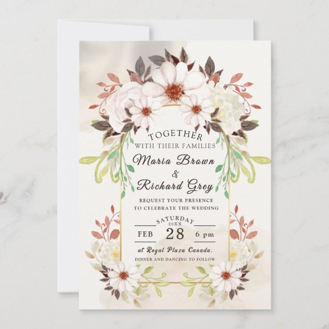 Convites Beige Floral Wedding Invitation (Frente)