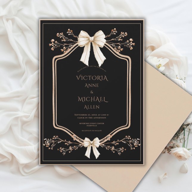 Convites Beige Frame Floral Elegant Black Wedding  (Criador carregado)