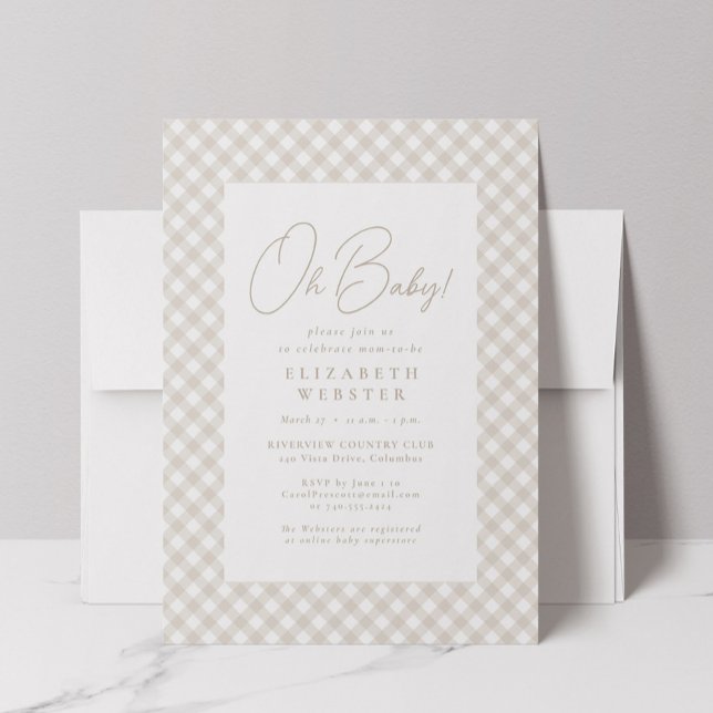 Convites Beige gingham cute neutral Oh Baby baby shower (Criador carregado)