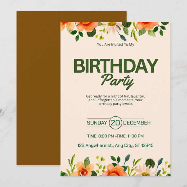 Convites Beige Green Simple Floral Birthday (Frente/Verso)