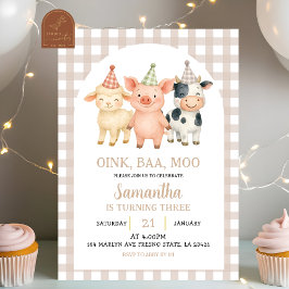 Convites Beige Ivory Farm Party Gingham Birthday