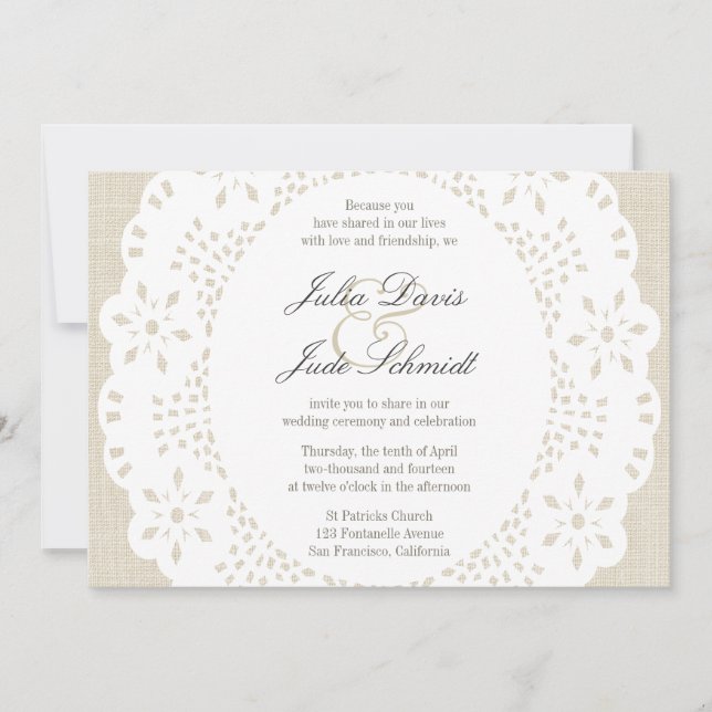 Convites Beige Linen & Lace Doilie :Convite (Frente)