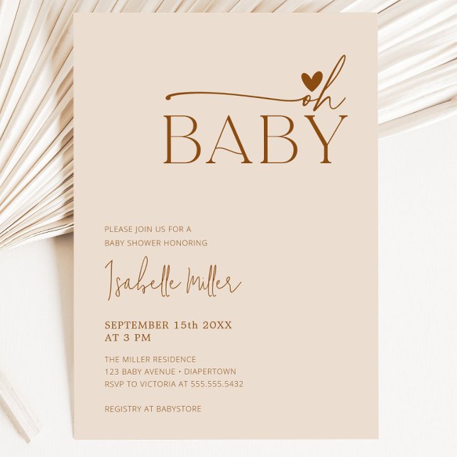 Convites Beige Moderno Beige Gênero Chá de fraldas Neutro (Oh Baby Modern Beige Gender Neutral Baby Shower Invitation)