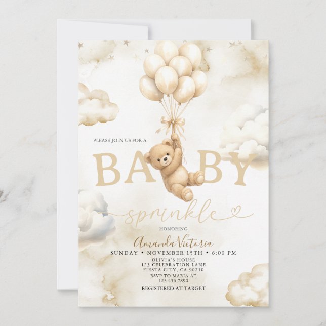 Convites Beige Neutral Bear Cloud Balloon Baby Shower (Frente)