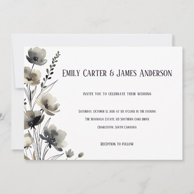 Convites Beige Neutral Floral Wedding (Frente)