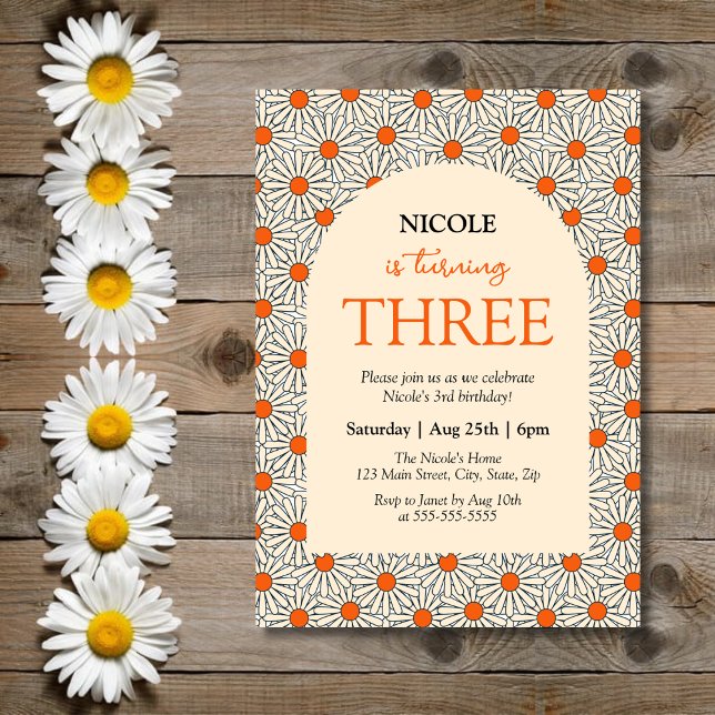 Convites Beige Orange Daisies Floral Arch aniversário de 3  (Criador carregado)