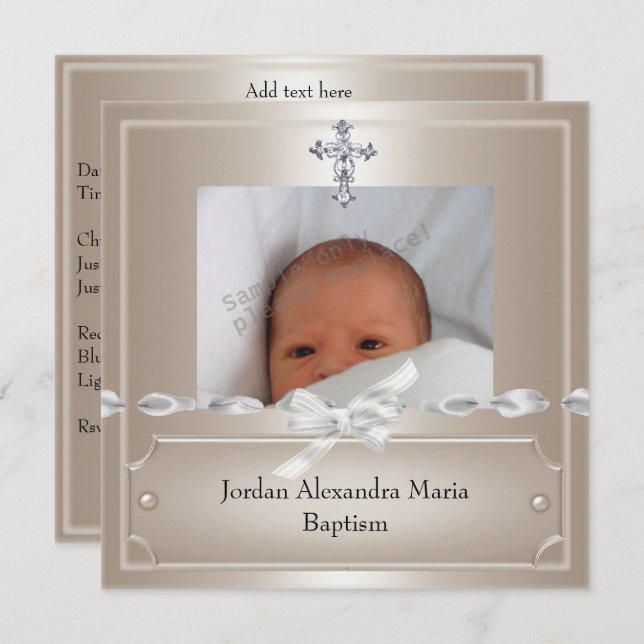 Convites Beige Photo Frame Jewel Cross Baptism (Frente/Verso)