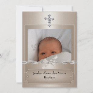 Convites Beige Photo Frame Jewel Cross Baptism longo