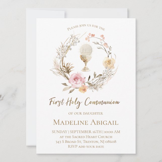 Convites beige pink flowers wreath First Communion (Frente)