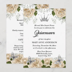 Convites Beige prata tiara rosa quinceanera
