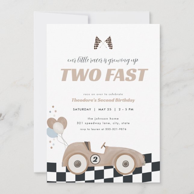 Convites Beige Race Car Two Fast Second Birthday Invite  (Frente)