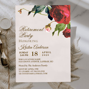 Convites Beige Royal Red Floral Retirement Party