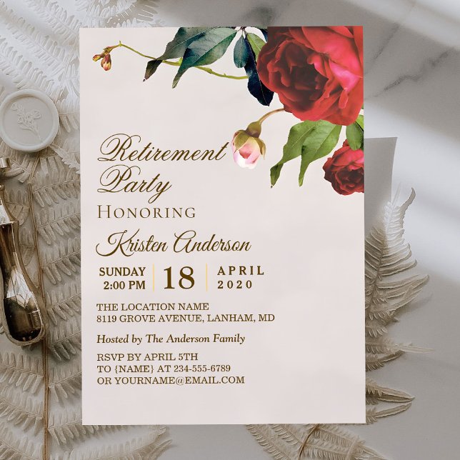 Convites Beige Royal Red Floral Retirement Party (Criador carregado)