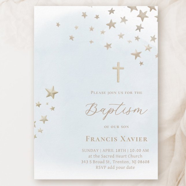 Convites beige stars on pastel blue sky | Baptism  (Criador carregado)