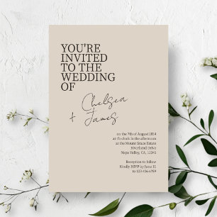 Convites Beige Taupe   Casamento Minimalista Chic Script