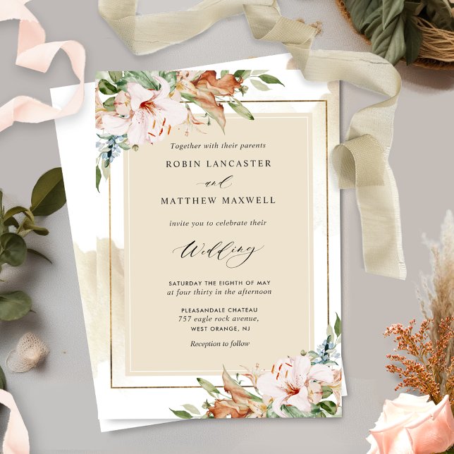 Convites Beige Watercolor e Terthy Floral Casamento (Criador carregado)