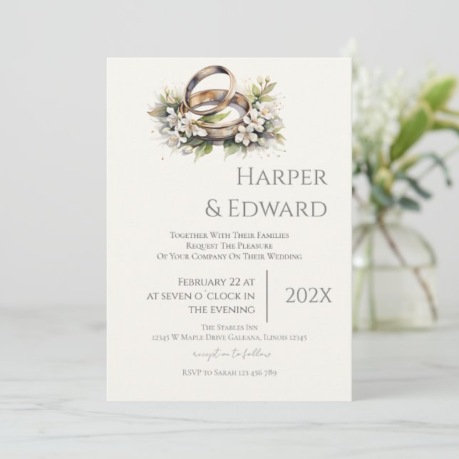 Convites beige wedding invitation with ring (Em pé/Frente)