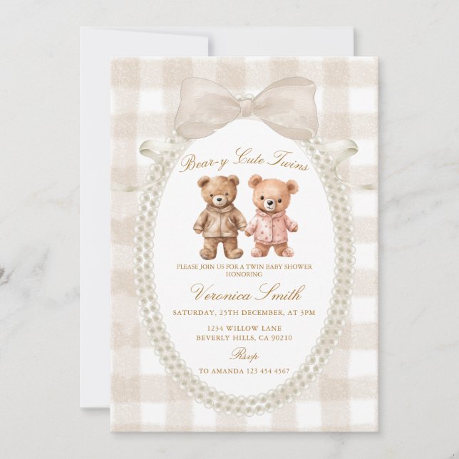 Convites Beige White Bear-y Cute Twins Bear Baby Shower (Frente)