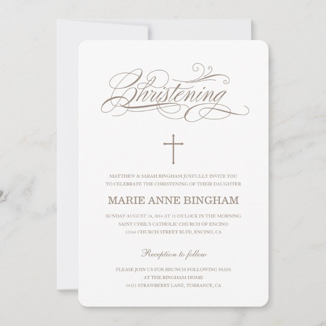 Convites Beige White Elegant Calliographic Christening (Frente)