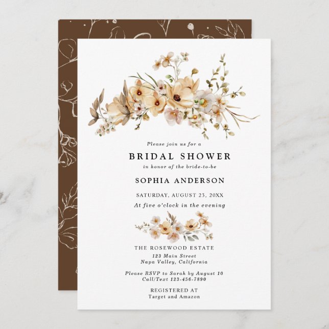 Convites Beige Wild Flowers Bridal Shower (Frente/Verso)