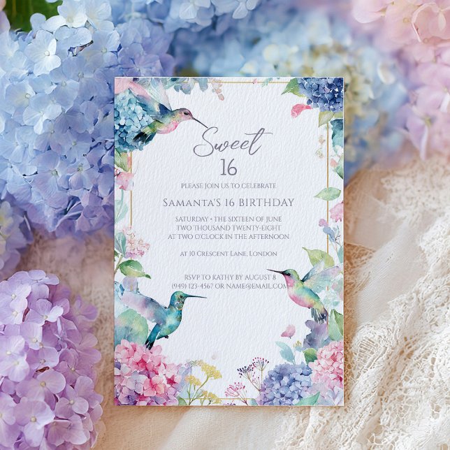 Convites Beija-flores Caprichosos com Hidrangeas Sweet 16 (Criador carregado)