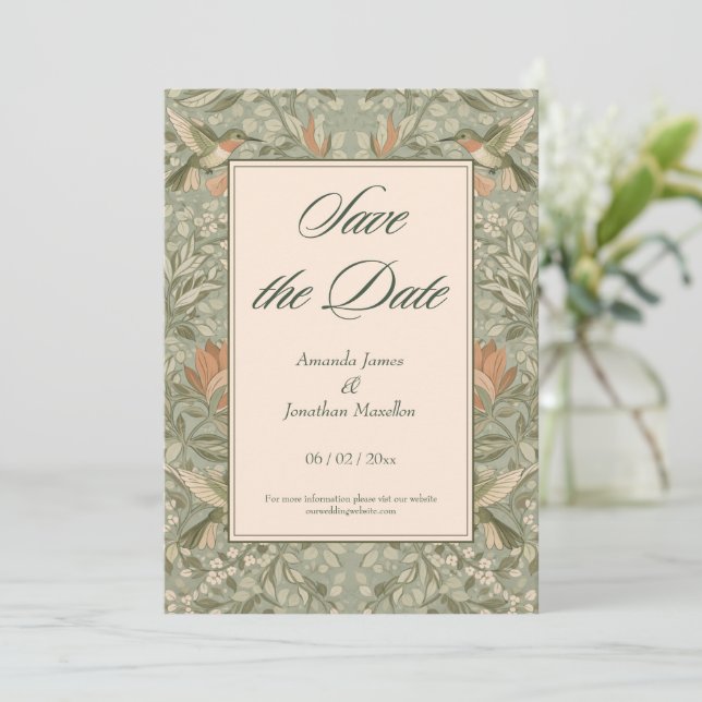 Convites Beija-flores e Flores Art Nouveau Salve a Data (Em pé/Frente)