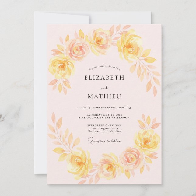 Convites Beijo Floral Amarelo Rosado Casamento (Frente)