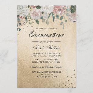 Convites Beijo Rosa Dourado Aquarela Floral Quinceanera