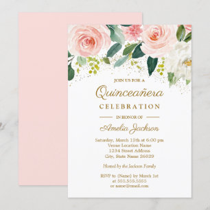 Convites Beijo Rosa Dourado Quinceanera Floral Aquarela