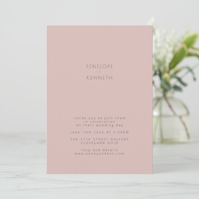 Convites Beijo Rosa Empoeirado Casamento Moderno Minimalist (Em pé/Frente)